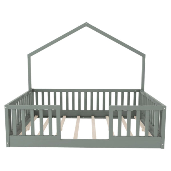 English Elm Full Montessori Floor Bed House Frame with LED Lighting and Safety Rails for Kids Grey W2593P493638