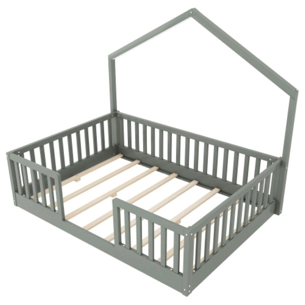 English Elm Full Montessori Floor Bed House Frame with LED Lighting and Safety Rails for Kids Grey W2593P493638