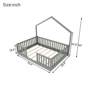 English Elm Full Montessori Floor Bed House Frame with LED Lighting and Safety Rails for Kids Grey W2593P493638