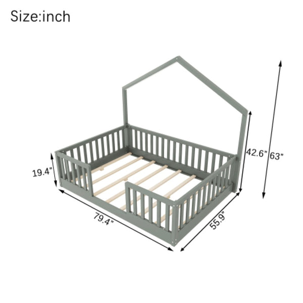 English Elm Full Montessori Floor Bed House Frame with LED Lighting and Safety Rails for Kids Grey W2593P493638