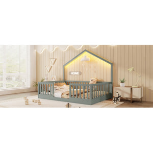 English Elm Full Montessori Floor Bed House Frame with LED Lighting and Safety Rails for Kids Grey W2593P493638