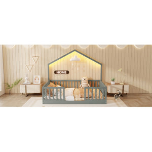 English Elm Full Montessori Floor Bed House Frame with LED Lighting and Safety Rails for Kids Grey W2593P493638