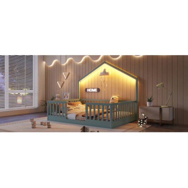 English Elm Full Montessori Floor Bed House Frame with LED Lighting and Safety Rails for Kids Grey W2593P493638