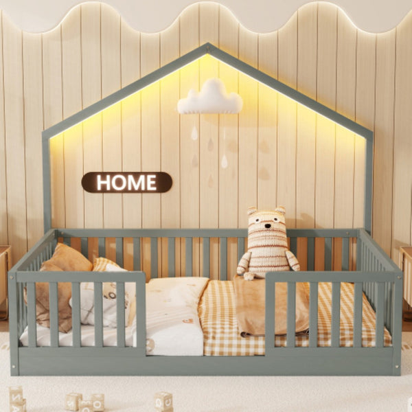 English Elm Full Montessori Floor Bed House Frame with LED Lighting and Safety Rails for Kids Grey W2593P493638