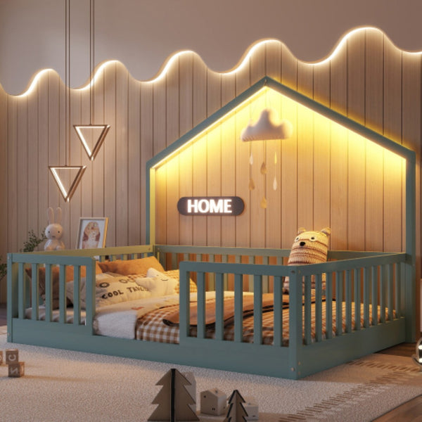 English Elm Full Montessori Floor Bed House Frame with LED Lighting and Safety Rails for Kids Grey W2593P493638