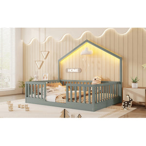 English Elm Full Montessori Floor Bed House Frame with LED Lighting and Safety Rails for Kids Grey W2593P493638