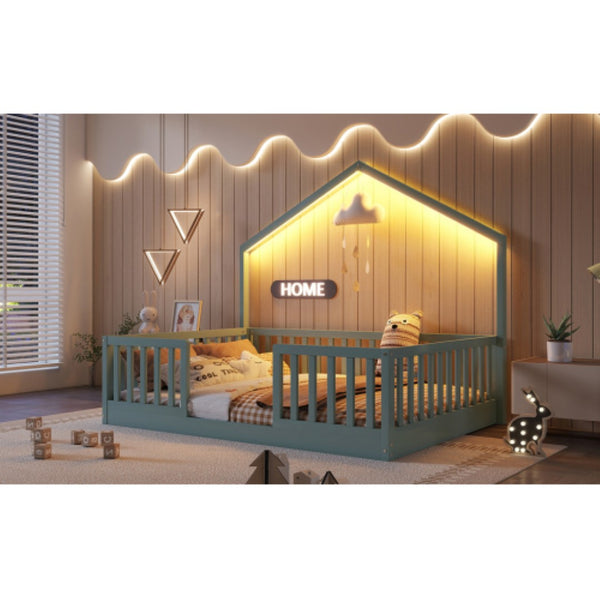 English Elm Full Montessori Floor Bed House Frame with LED Lighting and Safety Rails for Kids Grey W2593P493638