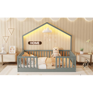 English Elm Full Montessori Floor Bed House Frame with LED Lighting and Safety Rails for Kids Grey W2593P493638