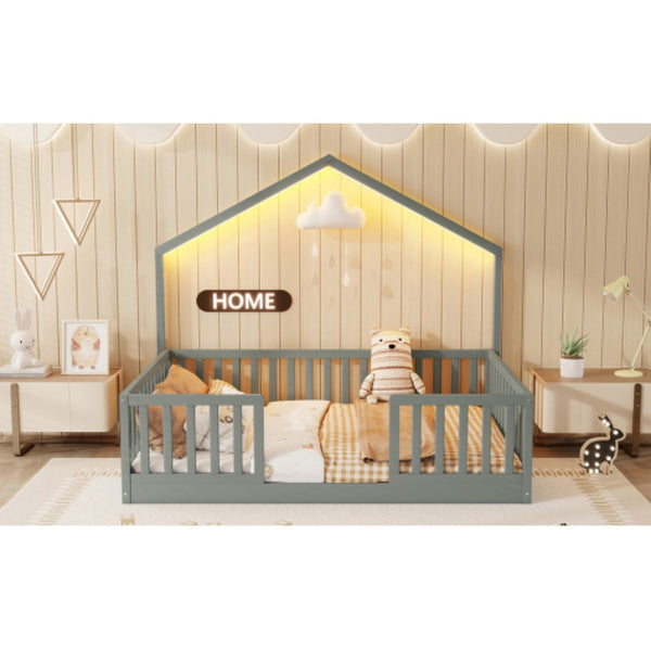 English Elm Full Montessori Floor Bed House Frame with LED Lighting and Safety Rails for Kids Grey W2593P493638