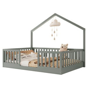 English Elm Full Montessori Floor Bed House Frame with LED Lighting and Safety Rails for Kids Grey W2593P493638