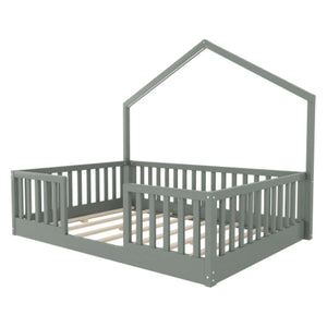 English Elm Full Montessori Floor Bed House Frame with LED Lighting and Safety Rails for Kids Grey W2593P493638