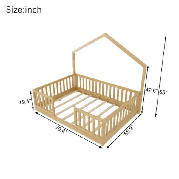 English Elm Full Montessori Floor Bed House Frame with LED Lighting and Safety Rails for Kids Natural W2593P493639