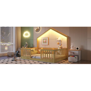 English Elm Full Montessori Floor Bed House Frame with LED Lighting and Safety Rails for Kids Natural W2593P493639