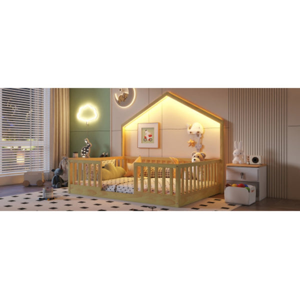 English Elm Full Montessori Floor Bed House Frame with LED Lighting and Safety Rails for Kids Natural W2593P493639