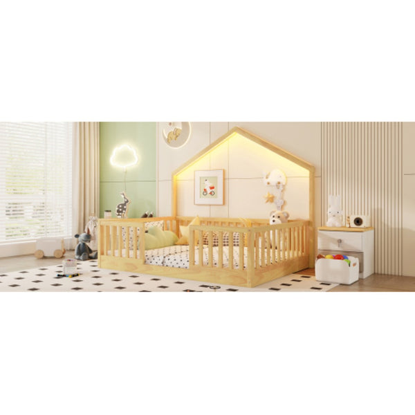 English Elm Full Montessori Floor Bed House Frame with LED Lighting and Safety Rails for Kids Natural W2593P493639
