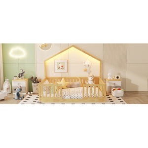 English Elm Full Montessori Floor Bed House Frame with LED Lighting and Safety Rails for Kids Natural W2593P493639