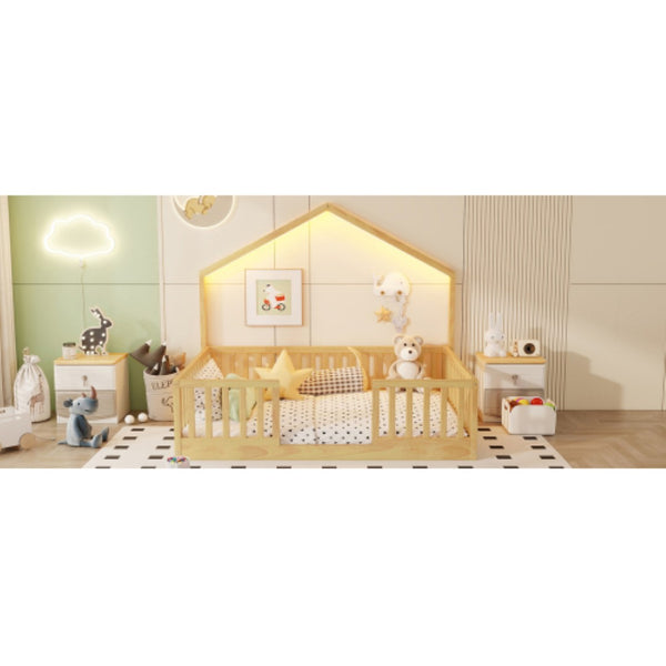 English Elm Full Montessori Floor Bed House Frame with LED Lighting and Safety Rails for Kids Natural W2593P493639