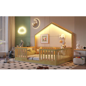 English Elm Full Montessori Floor Bed House Frame with LED Lighting and Safety Rails for Kids Natural W2593P493639