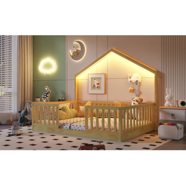 English Elm Full Montessori Floor Bed House Frame with LED Lighting and Safety Rails for Kids Natural W2593P493639