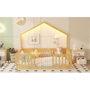 English Elm Full Montessori Floor Bed House Frame with LED Lighting and Safety Rails for Kids Natural W2593P493639