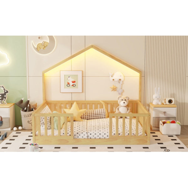 English Elm Full Montessori Floor Bed House Frame with LED Lighting and Safety Rails for Kids Natural W2593P493639