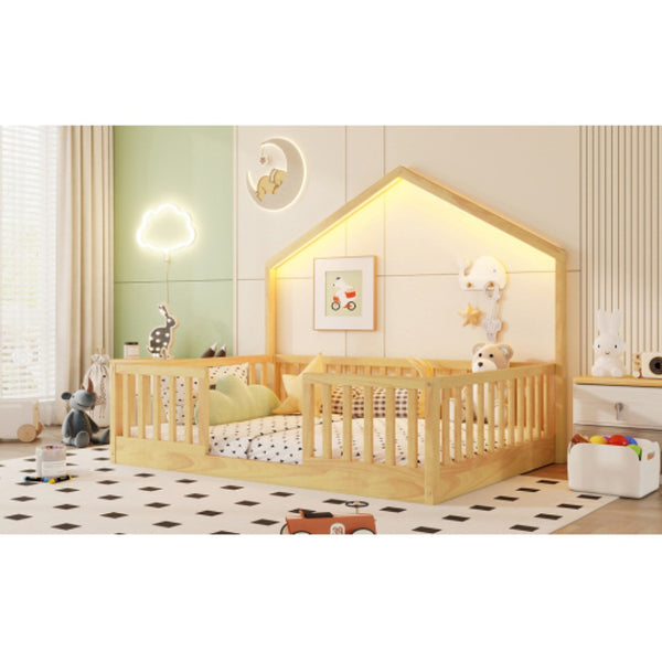 English Elm Full Montessori Floor Bed House Frame with LED Lighting and Safety Rails for Kids Natural W2593P493639