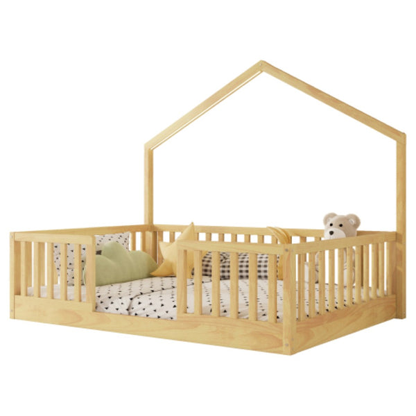 English Elm Full Montessori Floor Bed House Frame with LED Lighting and Safety Rails for Kids Natural W2593P493639