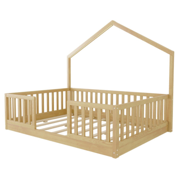 English Elm Full Montessori Floor Bed House Frame with LED Lighting and Safety Rails for Kids Natural W2593P493639