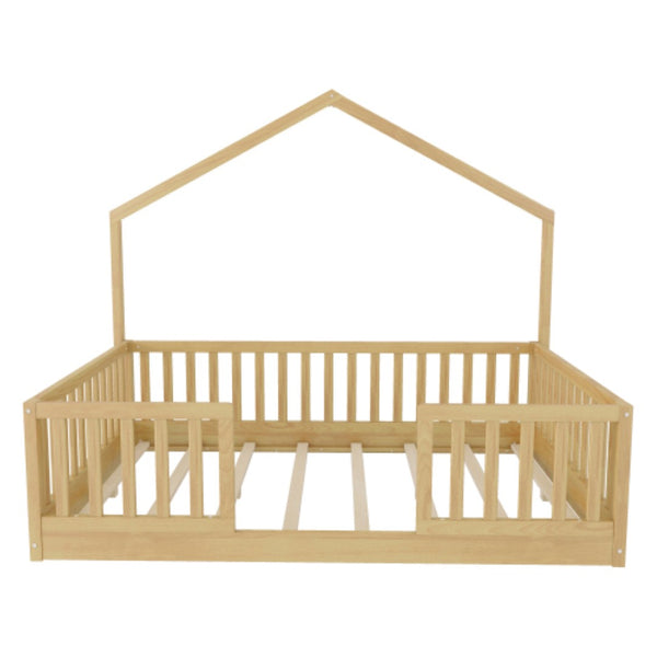 English Elm Full Montessori Floor Bed House Frame with LED Lighting and Safety Rails for Kids Natural W2593P493639