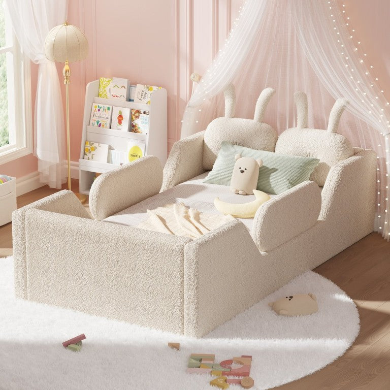 English Elm Twin Kids Floor Bed Teddy Fabric Upholstered Frame with Rabbit Headboard Safety Rails Beige W2593P513636