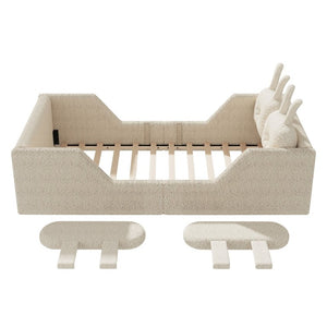 English Elm Twin Kids Floor Bed Teddy Fabric Upholstered Frame with Rabbit Headboard Safety Rails Beige W2593P513636