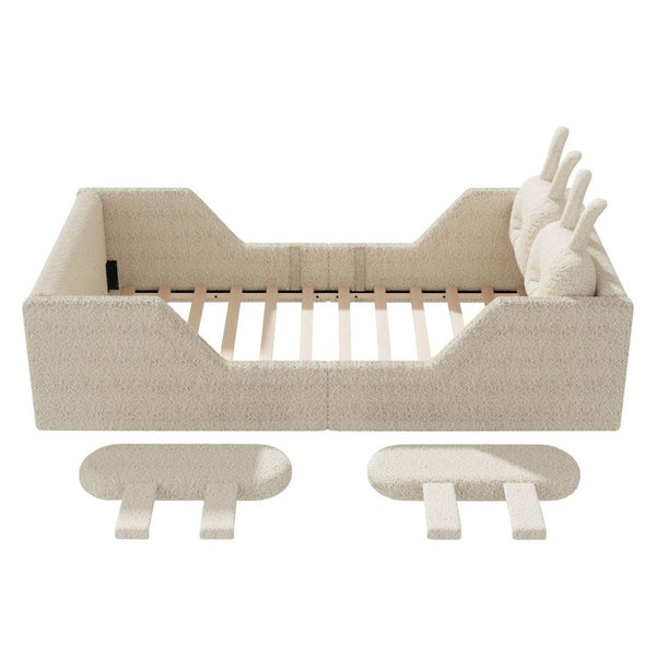 English Elm Twin Kids Floor Bed Teddy Fabric Upholstered Frame with Rabbit Headboard Safety Rails Beige W2593P513636