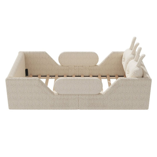 English Elm Twin Kids Floor Bed Teddy Fabric Upholstered Frame with Rabbit Headboard Safety Rails Beige W2593P513636