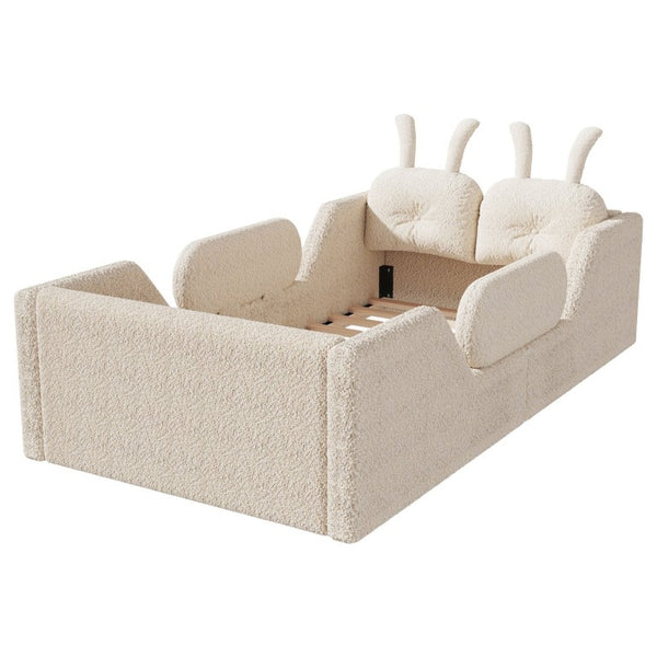 English Elm Twin Kids Floor Bed Teddy Fabric Upholstered Frame with Rabbit Headboard Safety Rails Beige W2593P513636