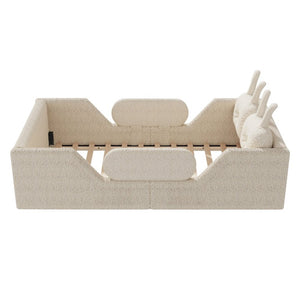 English Elm Twin Kids Floor Bed Teddy Fabric Upholstered Frame with Rabbit Headboard Safety Rails Beige W2593P513636