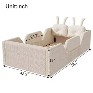 English Elm Twin Kids Floor Bed Teddy Fabric Upholstered Frame with Rabbit Headboard Safety Rails Beige W2593P513636