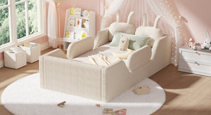 English Elm Twin Kids Floor Bed Teddy Fabric Upholstered Frame with Rabbit Headboard Safety Rails Beige W2593P513636