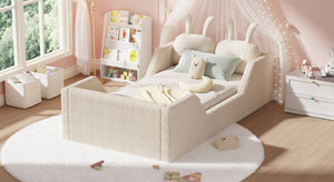 English Elm Twin Kids Floor Bed Teddy Fabric Upholstered Frame with Rabbit Headboard Safety Rails Beige W2593P513636