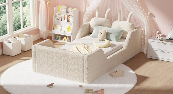 English Elm Twin Kids Floor Bed Teddy Fabric Upholstered Frame with Rabbit Headboard Safety Rails Beige W2593P513636
