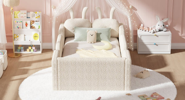 English Elm Twin Kids Floor Bed Teddy Fabric Upholstered Frame with Rabbit Headboard Safety Rails Beige W2593P513636