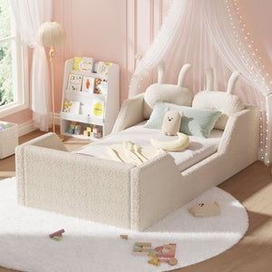 English Elm Twin Kids Floor Bed Teddy Fabric Upholstered Frame with Rabbit Headboard Safety Rails Beige W2593P513636