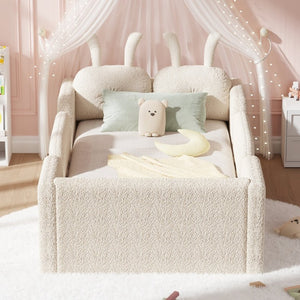 English Elm Twin Kids Floor Bed Teddy Fabric Upholstered Frame with Rabbit Headboard Safety Rails Beige W2593P513636