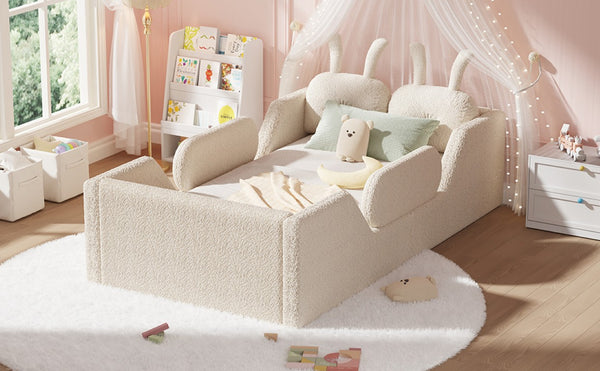 English Elm Twin Kids Floor Bed Teddy Fabric Upholstered Frame with Rabbit Headboard Safety Rails Beige W2593P513636