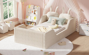 English Elm Twin Kids Floor Bed Teddy Fabric Upholstered Frame with Rabbit Headboard Safety Rails Beige W2593P513636