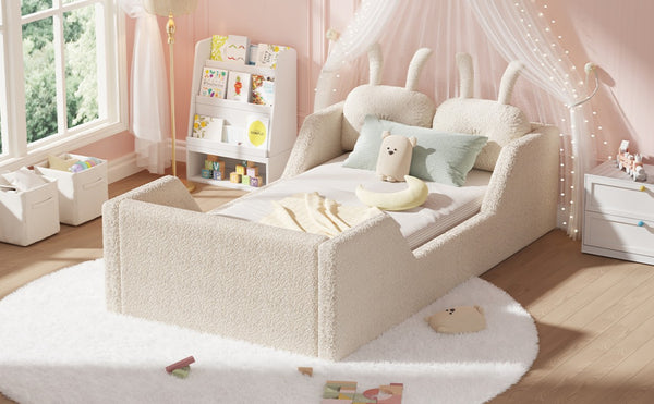 English Elm Twin Kids Floor Bed Teddy Fabric Upholstered Frame with Rabbit Headboard Safety Rails Beige W2593P513636