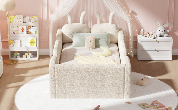 English Elm Twin Kids Floor Bed Teddy Fabric Upholstered Frame with Rabbit Headboard Safety Rails Beige W2593P513636