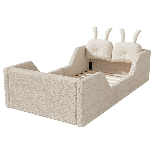 English Elm Twin Kids Floor Bed Teddy Fabric Upholstered Frame with Rabbit Headboard Safety Rails Beige W2593P513636