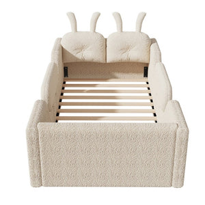 English Elm Twin Kids Floor Bed Teddy Fabric Upholstered Frame with Rabbit Headboard Safety Rails Beige W2593P513636