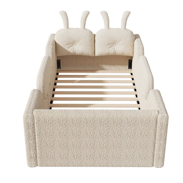 English Elm Twin Kids Floor Bed Teddy Fabric Upholstered Frame with Rabbit Headboard Safety Rails Beige W2593P513636