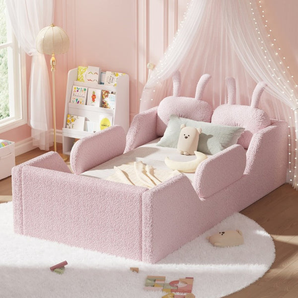 English Elm Twin Kids Floor Bed Teddy Fabric Upholstered Frame with Rabbit Headboard Safety Rails Pink W2593P513642